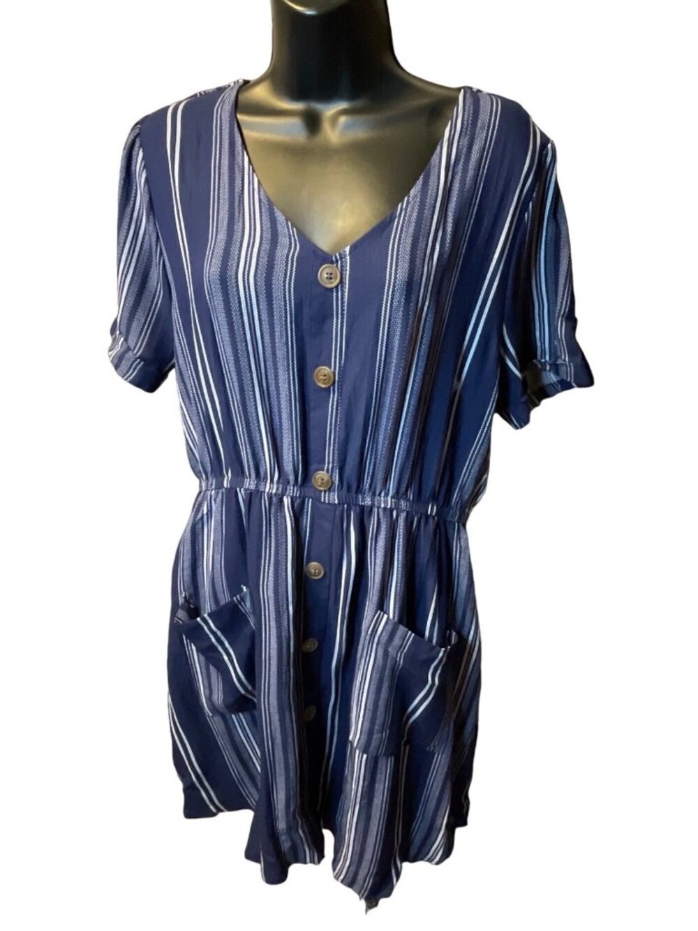 Blu Pepper Large Striped Button-Up Romper Navy White Short Sleeves Pockets New